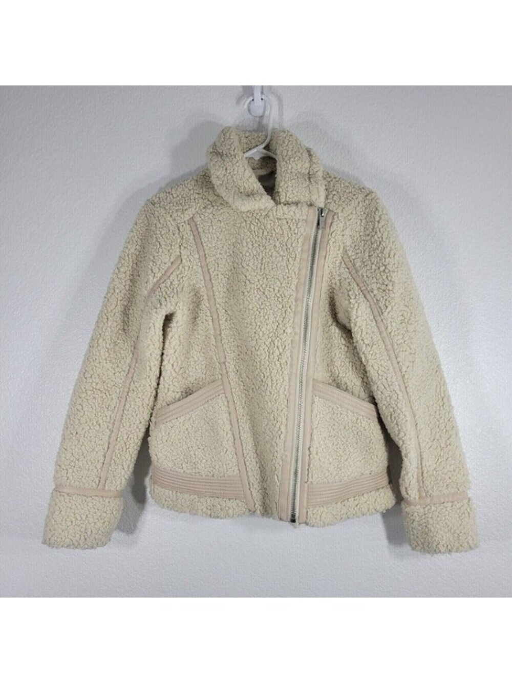 Abercrombie and Fitch Fleece Moto Jacket Women Small Faux Leather Beige Y2K 90s